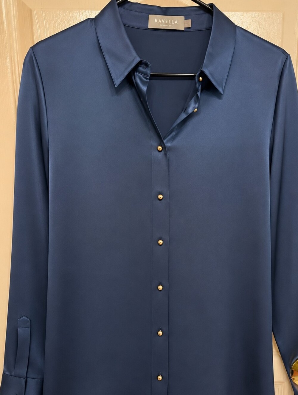 Ravella Satin Button-Front Shirt in Navy